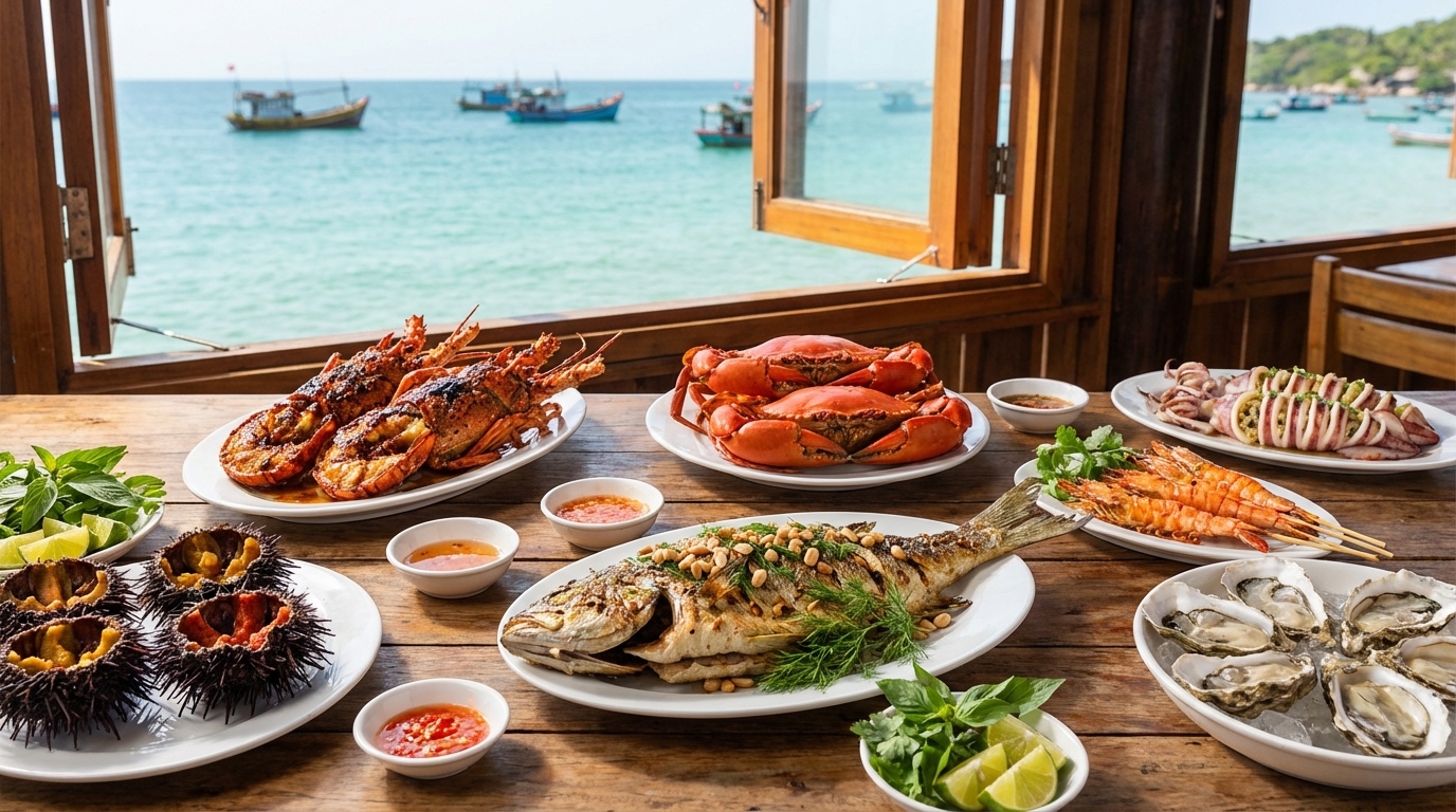 Tiệc hải sản tươi sống tại Phú Quốc với tôm hùm, cua, cá, nhum