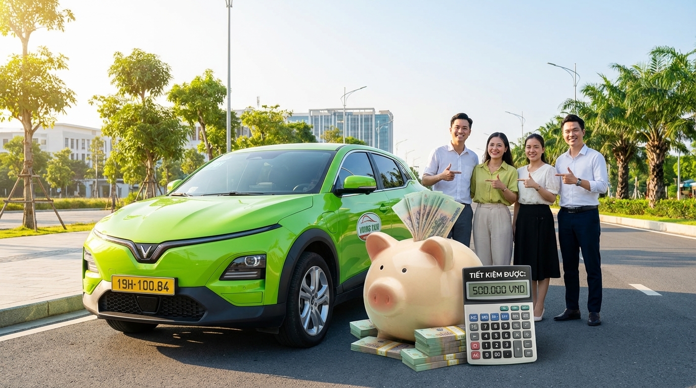 Taxi VinFast VF6 với nhóm khách hàng vui vẻ và biểu tượng tiết kiệm chi phí