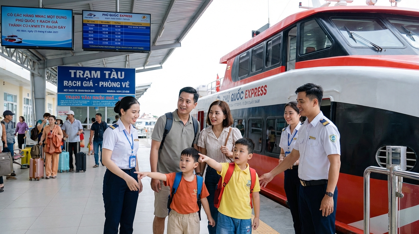 Gia đình lần đầu đi tàu Phú Quốc với hành lý và vé tàu, biểu cảm hồi hộp vui vẻ