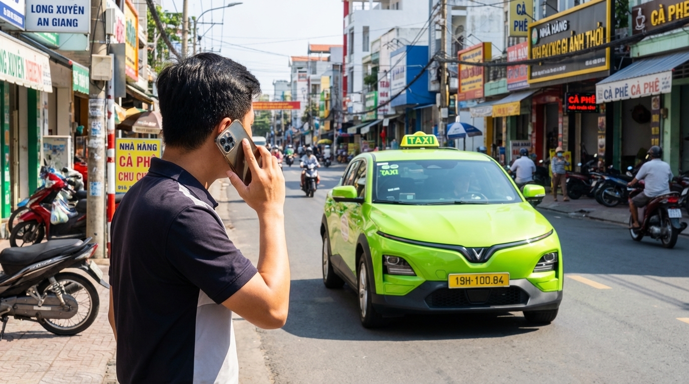 Gọi taxi tại An Giang bằng điện thoại với xe VinFast VF6 xanh cốm
