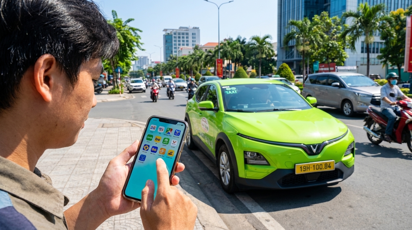 Điện thoại hiển thị app đặt xe với bản đồ miền Tây và xe taxi VinFast