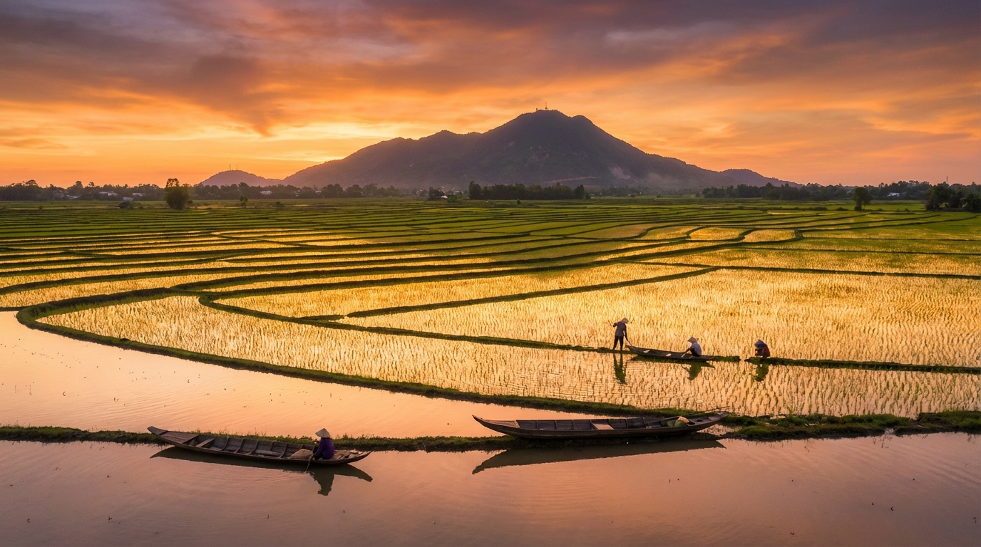 Cảnh đẹp An Giang hoàng hôn trên cánh đồng lúa vàng với Núi Sam ở xa
