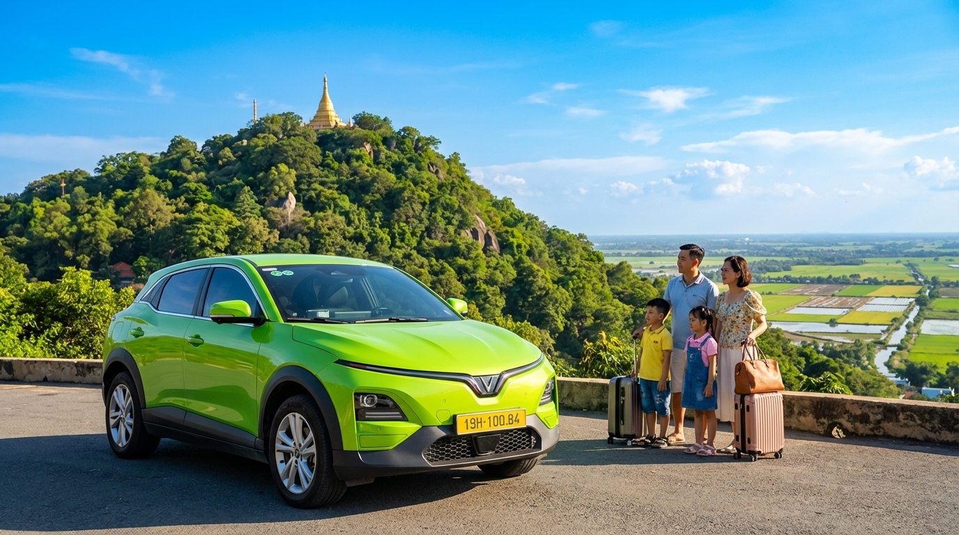 Taxi VinFast VF6 màu xanh cốm đậu trước Núi Sam Châu Đốc với gia đình du lịch
