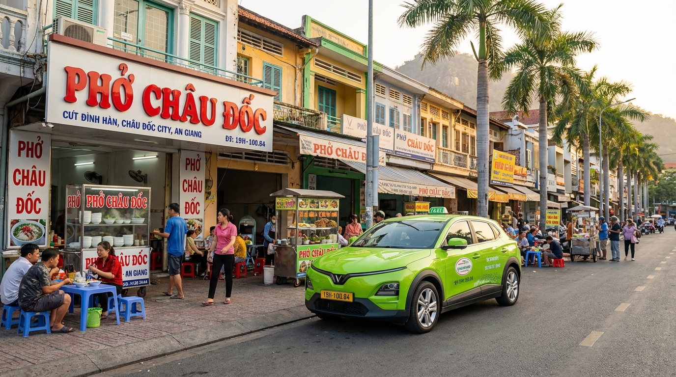 Đường phố Châu Đốc với các quán ăn sầm uất, xe taxi màu xanh cốm đỗ bên đường