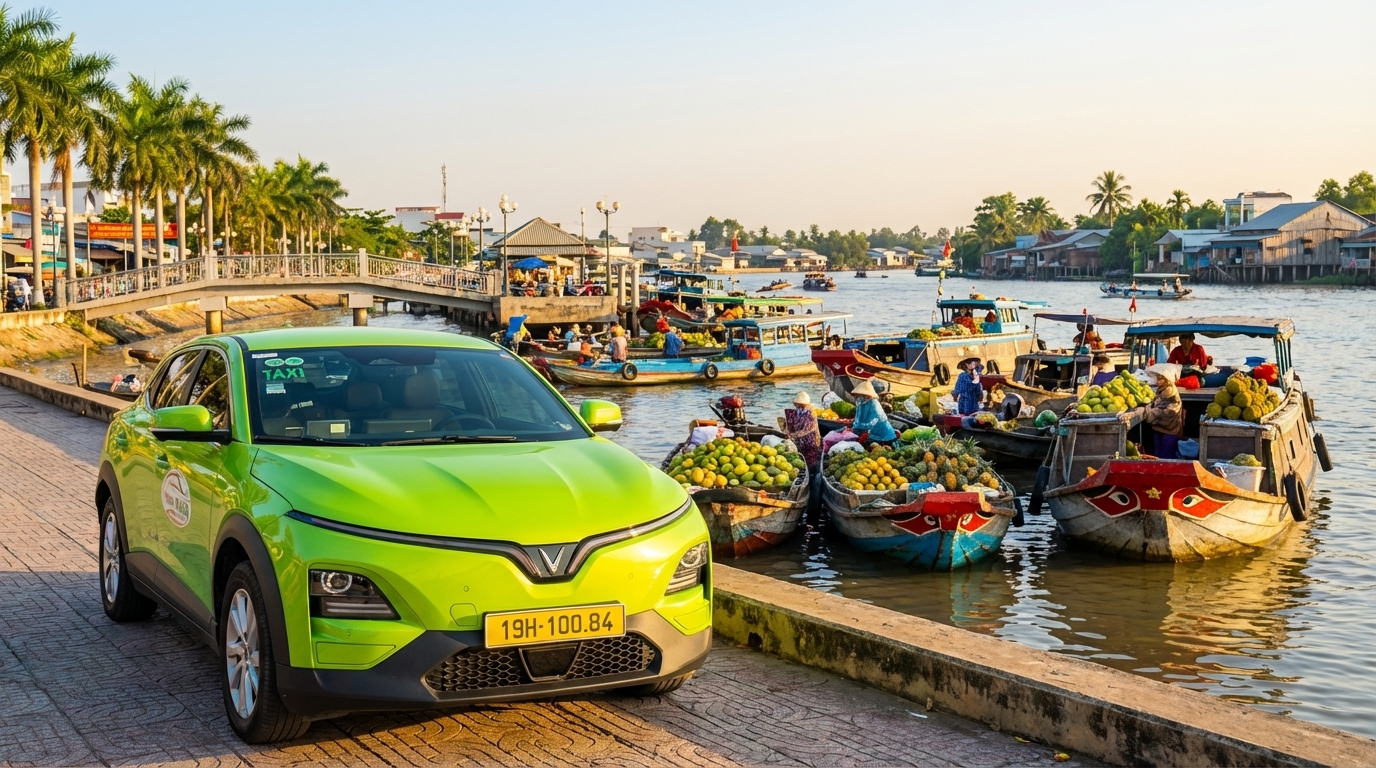 Taxi VinFast VF6 tại bến Ninh Kiều Cần Thơ với thuyền chợ nổi phía sau