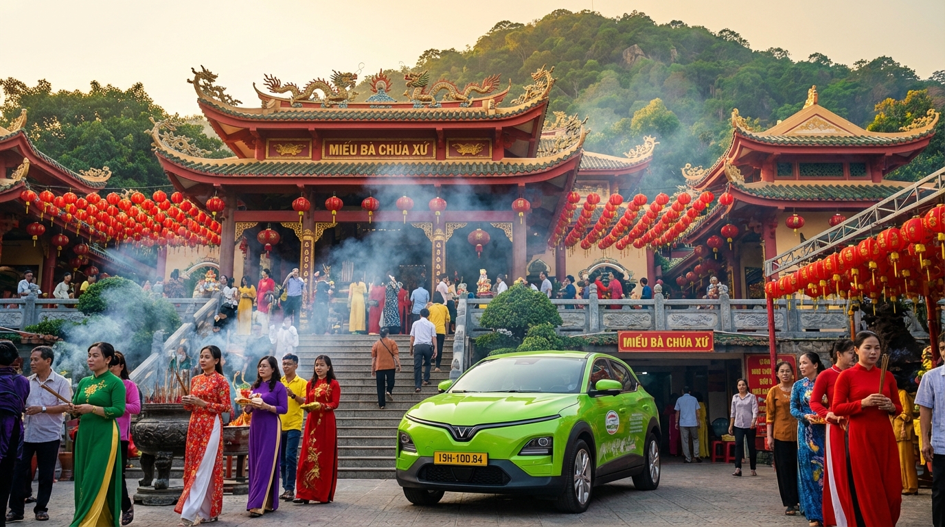 Miếu Bà Chúa Xứ trên Núi Sam Châu Đốc với du khách hành hương