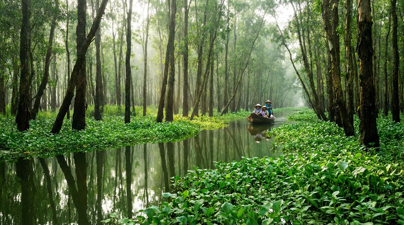 Rừng Tràm Trà Sư mùa nước nổi với bèo xanh phủ mặt nước và cây tràm cao vút