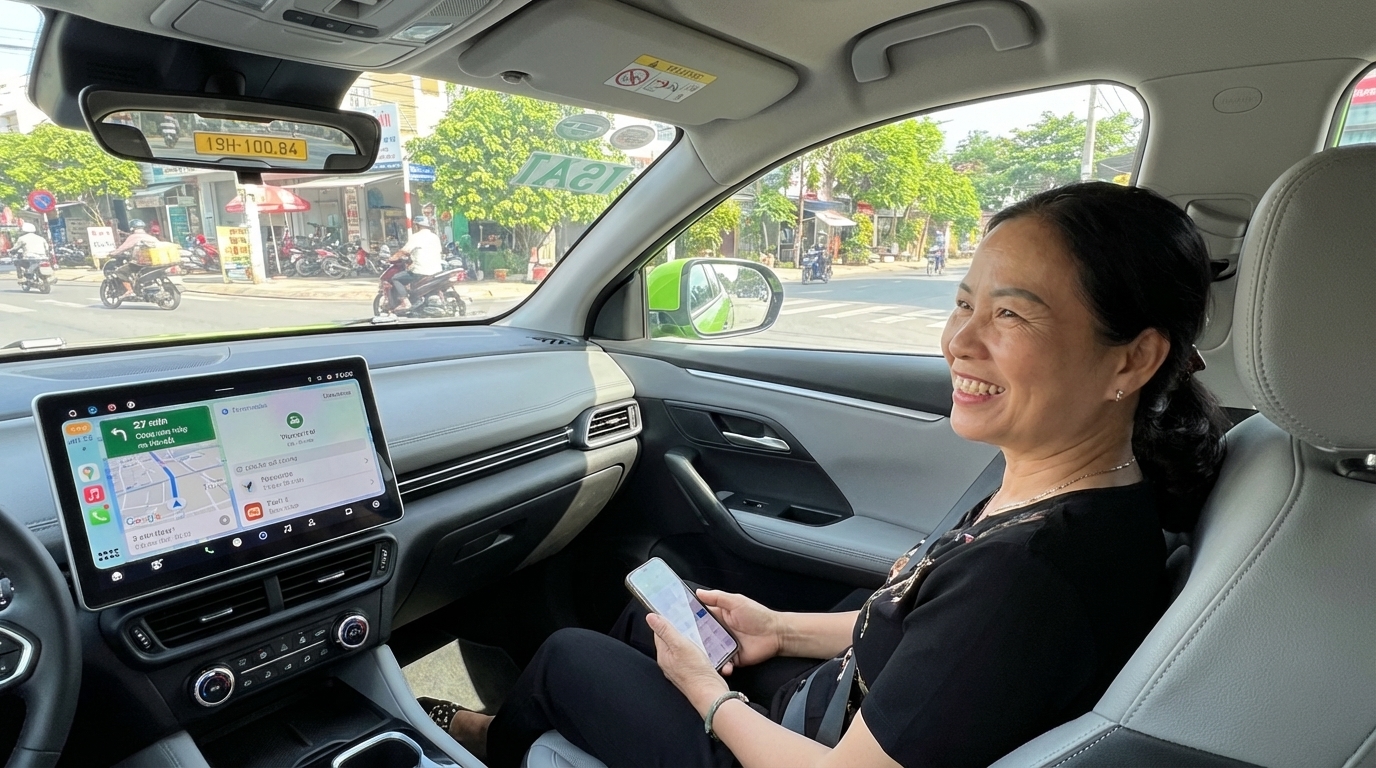 Hành khách ngồi trong xe taxi điện VinFast VF6 tại Long Xuyên