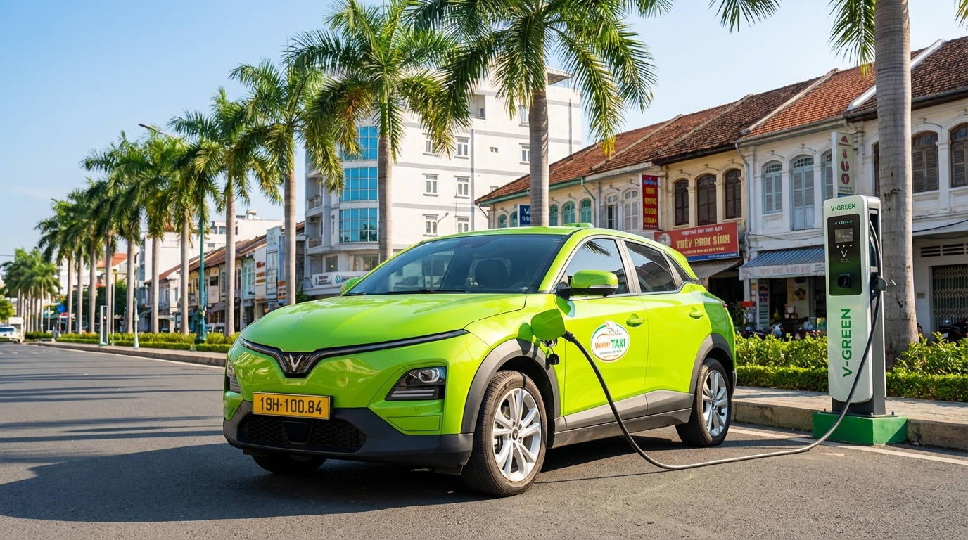 Xe taxi điện VinFast VF6 đang sạc tại trạm sạc VinFast ở Long Xuyên