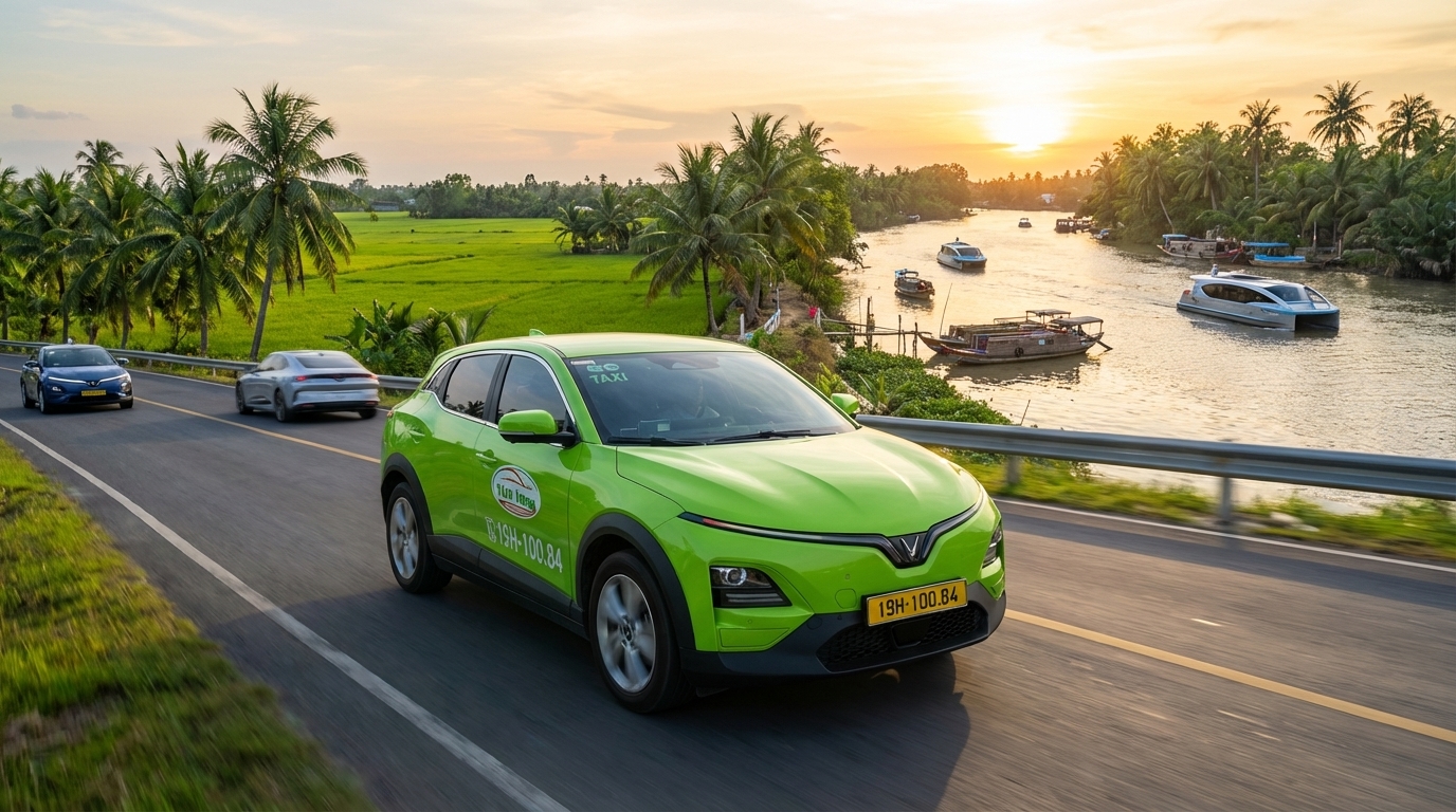 Taxi điện VinFast VF6 chạy trên đường miền Tây với cảnh đồng lúa và sông nước