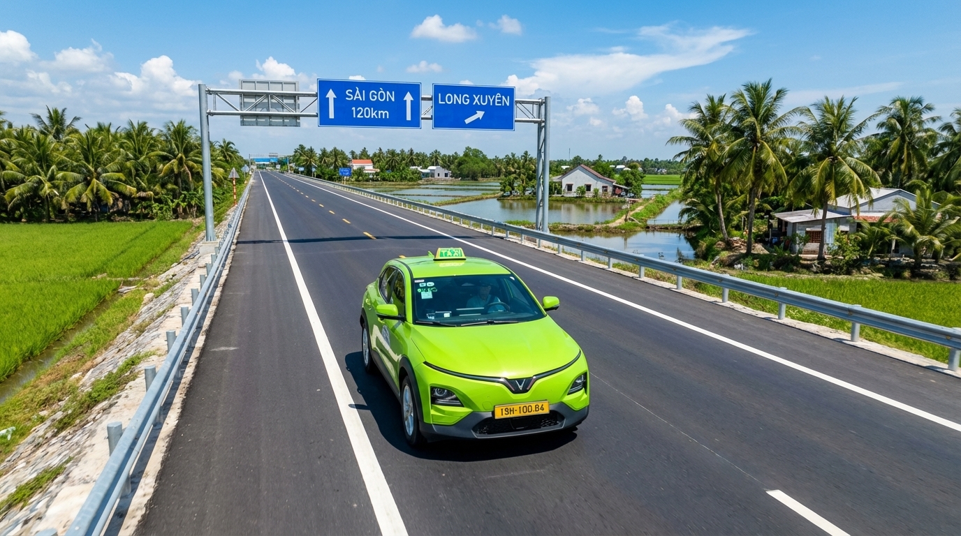 Taxi VinFast VF6 trên tuyến đường Long Xuyên đi Sài Gòn qua đồng lúa xanh