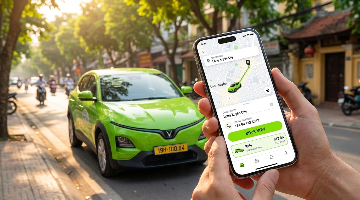 Đặt taxi online trên điện thoại với taxi VinFast VF6 phía sau tại Long Xuyên