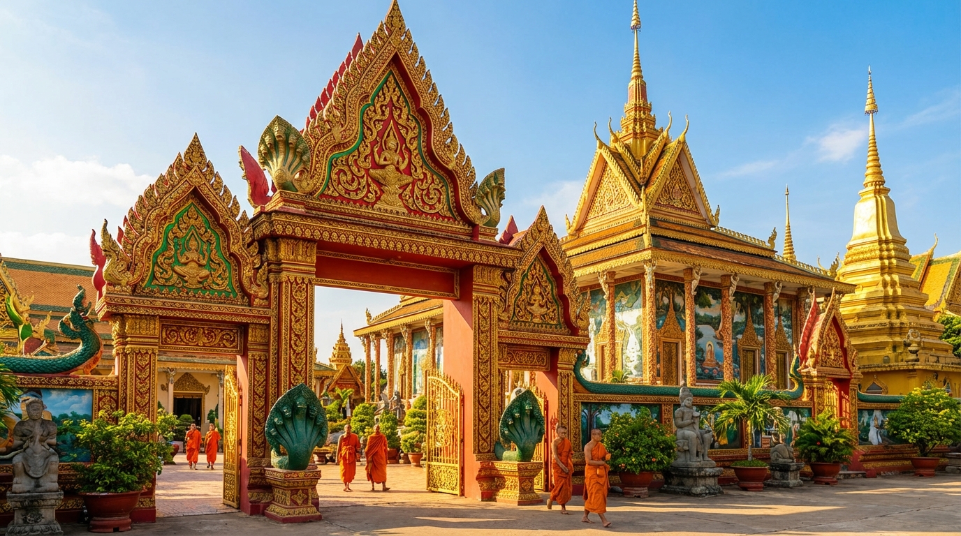 Kiến trúc chùa Khmer với cổng tam quan, tháp cổ kính và hoa văn rực rỡ
