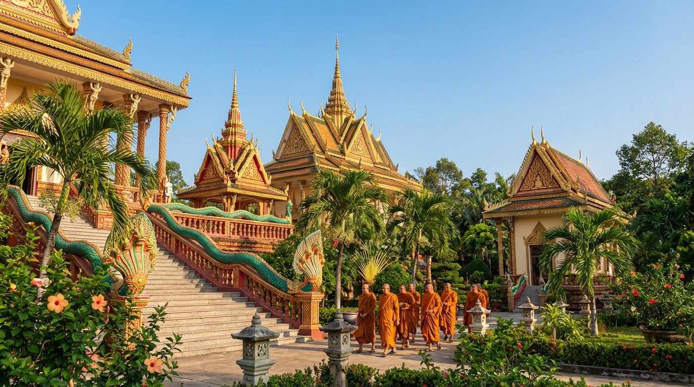 Chùa Khmer truyền thống với kiến trúc vàng rực rỡ tại Kiên Giang