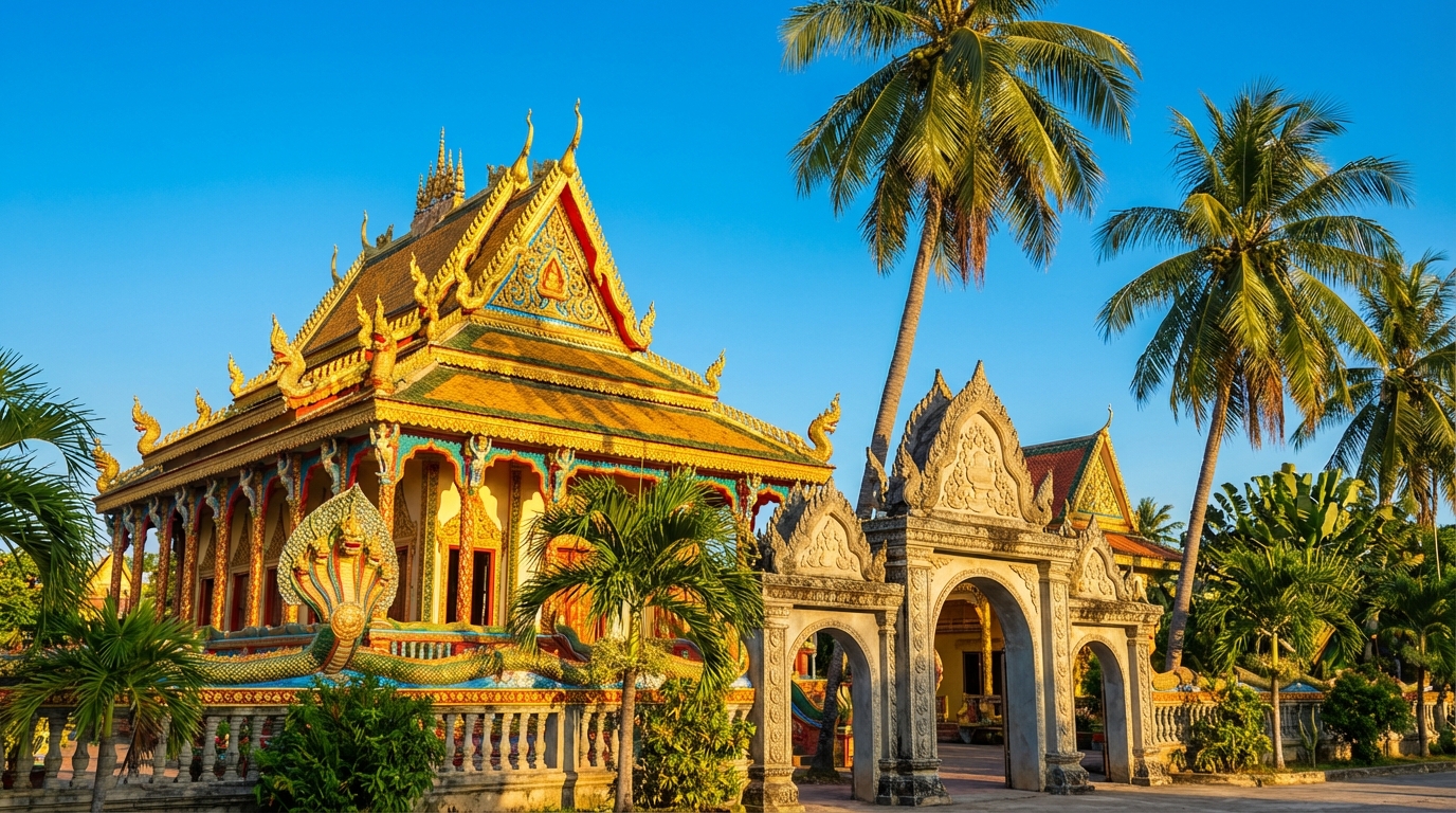 Chùa Khmer kiến trúc vàng rực rỡ, hoa văn tinh xảo tại Kiên Giang
