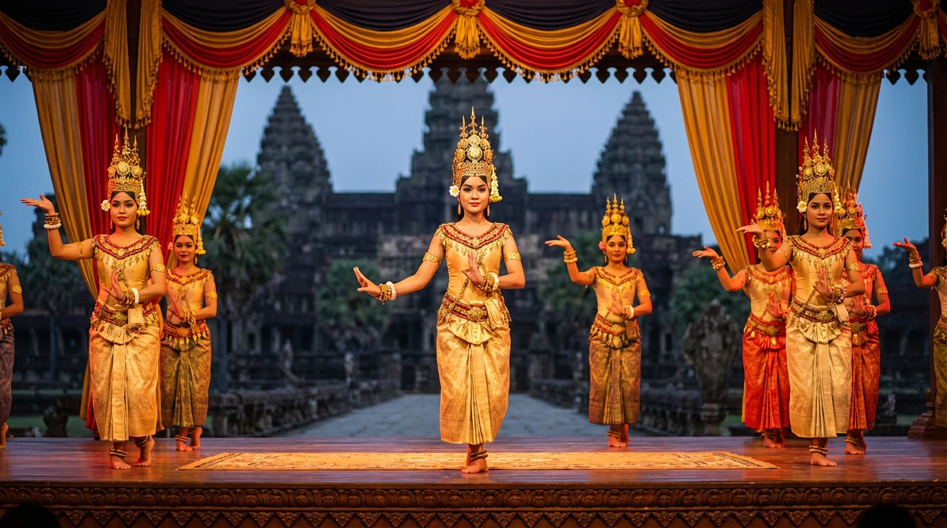 Nghệ sĩ múa Ro Bam trong trang phục truyền thống Khmer rực rỡ