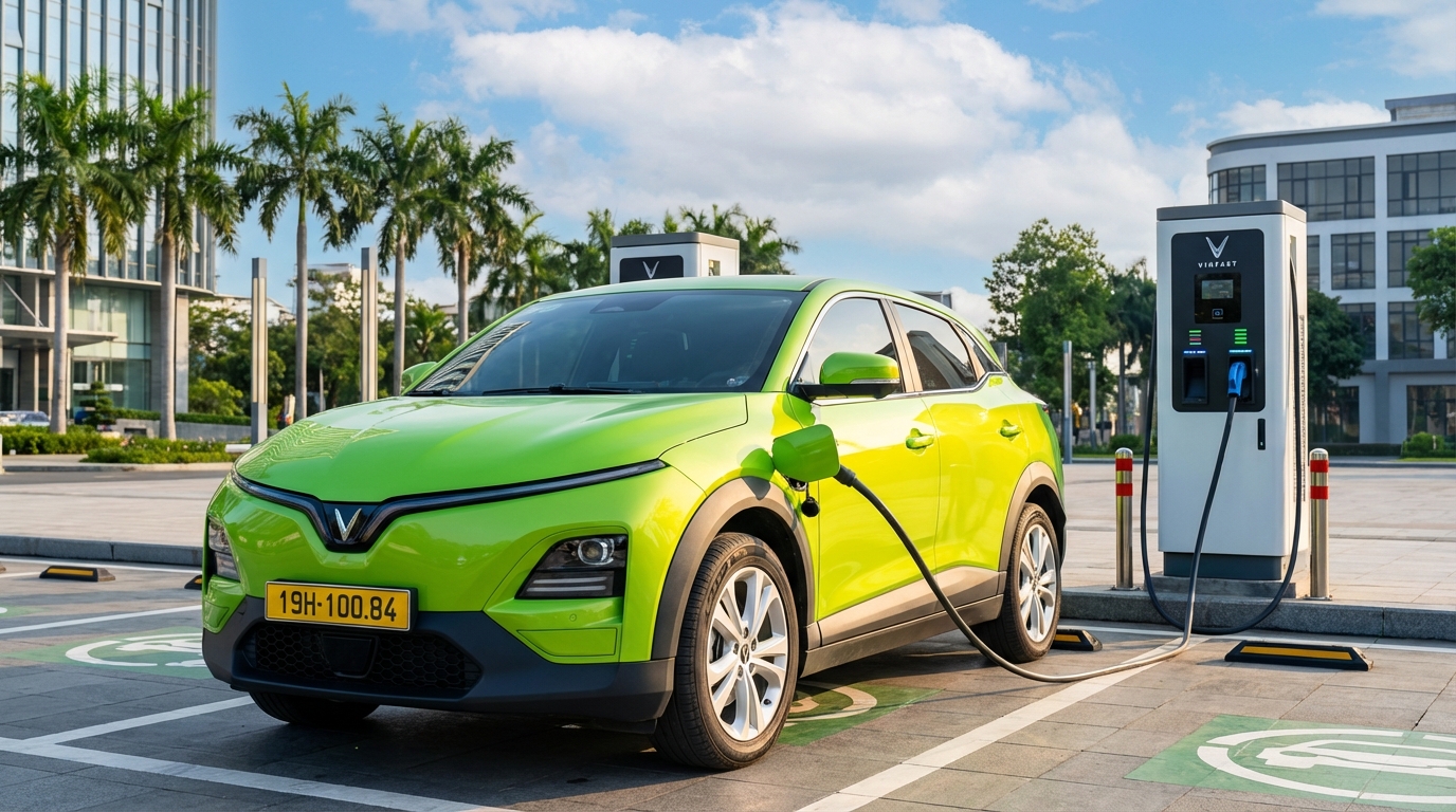 Taxi điện VinFast VF6 màu xanh cốm đang sạc tại trạm sạc ở Long Xuyên