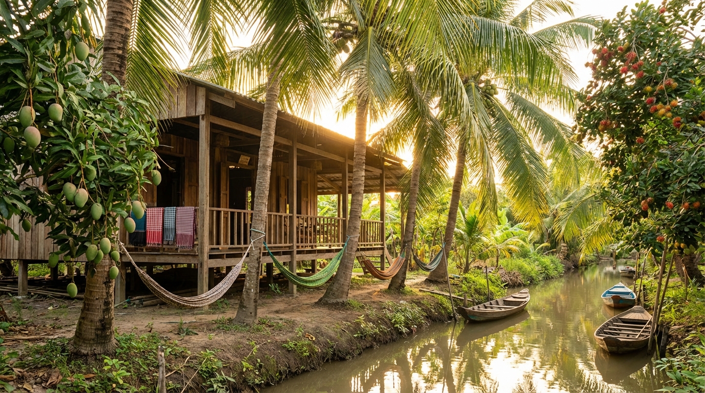 Homestay giữa vườn trái cây ở Vĩnh Long với nhà sàn gỗ và sông nước