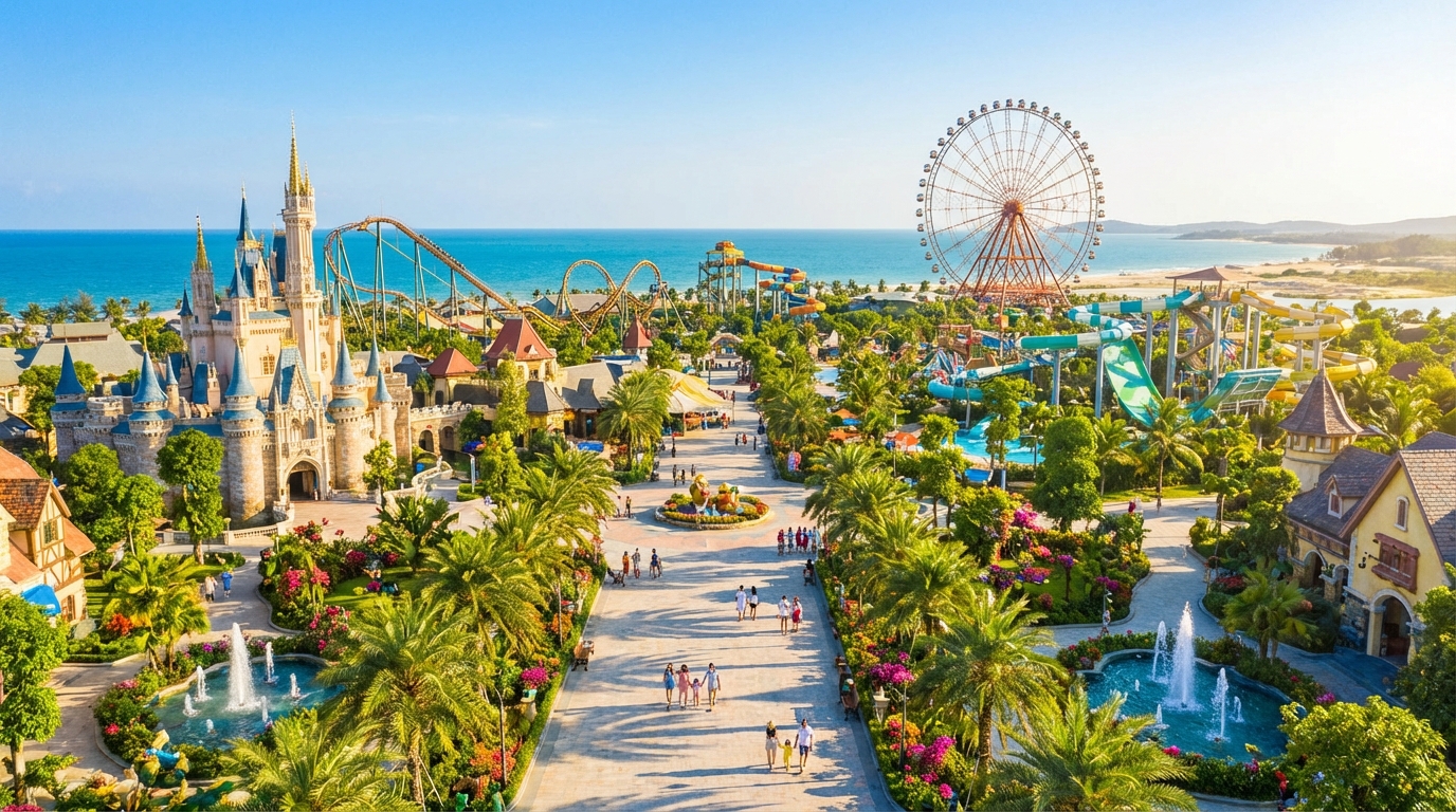 Vinpearl Land Phú Quốc với tàu lượn siêu tốc, công viên nước và kiến trúc lâu đài rực rỡ