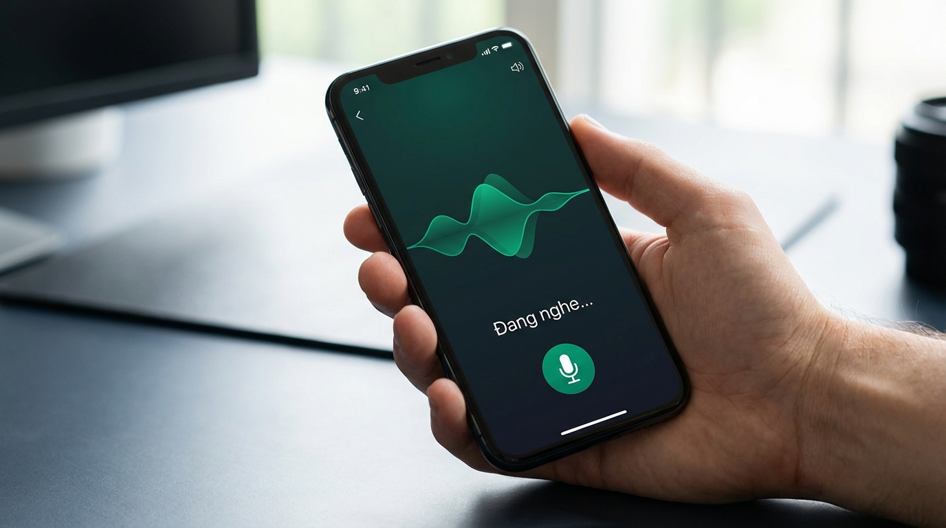 Giao diện voice assistant với sóng âm thanh và text "Đang nghe..."