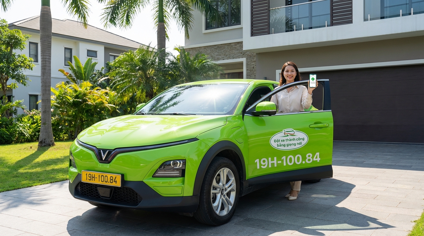 Xe taxi VinFast xanh cốm đến đón khách sau khi booking bằng voice