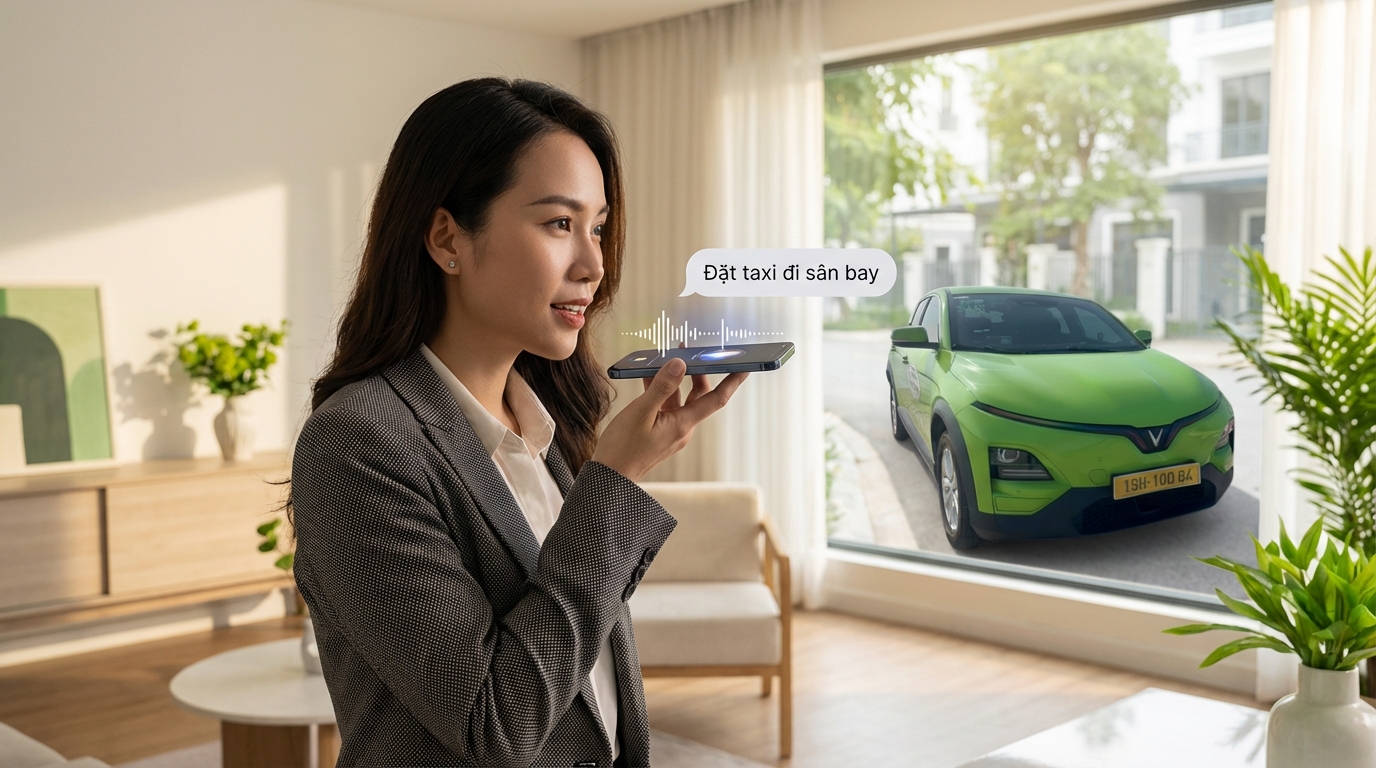 Người dùng đang dùng voice search để đặt taxi qua điện thoại