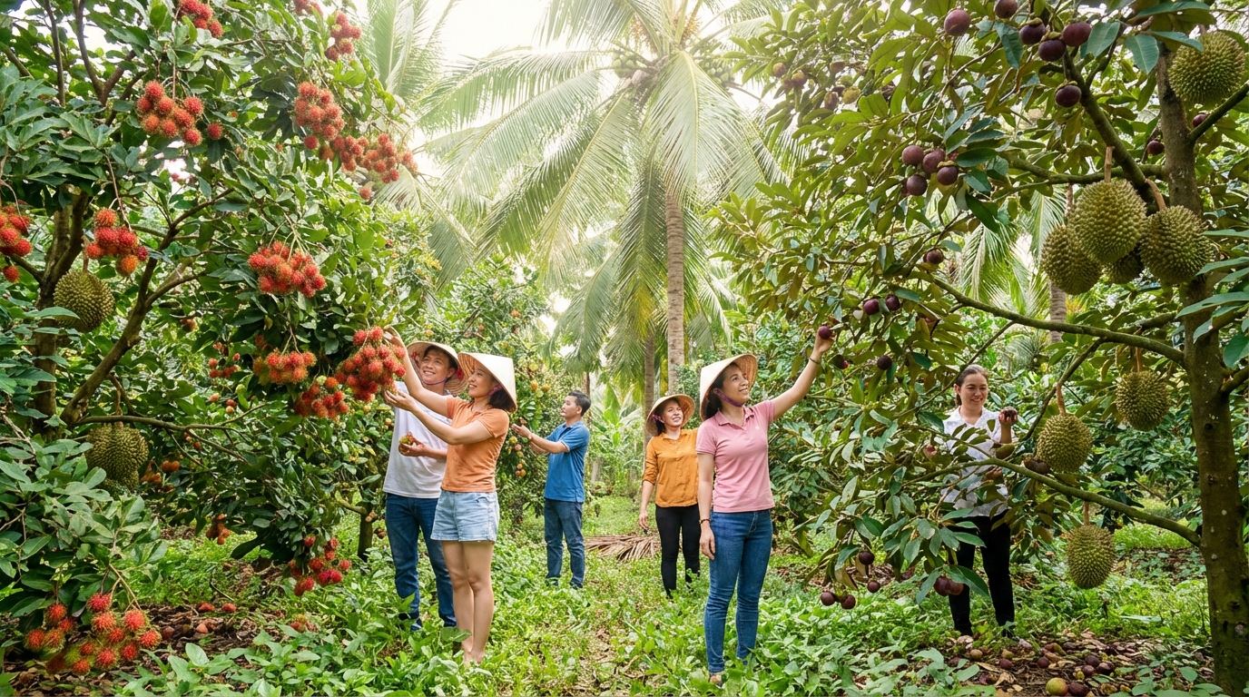 Vườn trái cây Vĩnh Long với chôm chôm chín đỏ và du khách hái trái