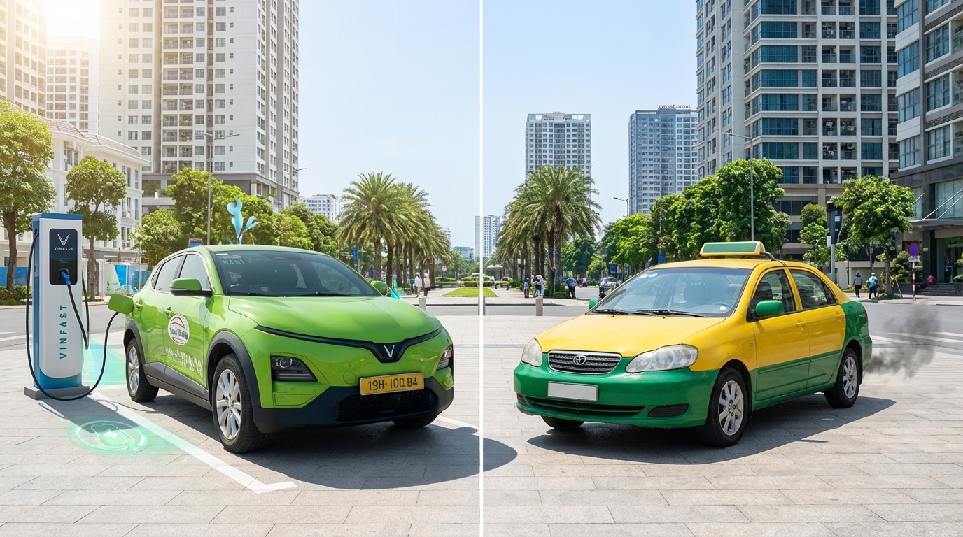 Taxi VinFast VF6 đang sạc tại trạm sạc VinFast ở Long Xuyên